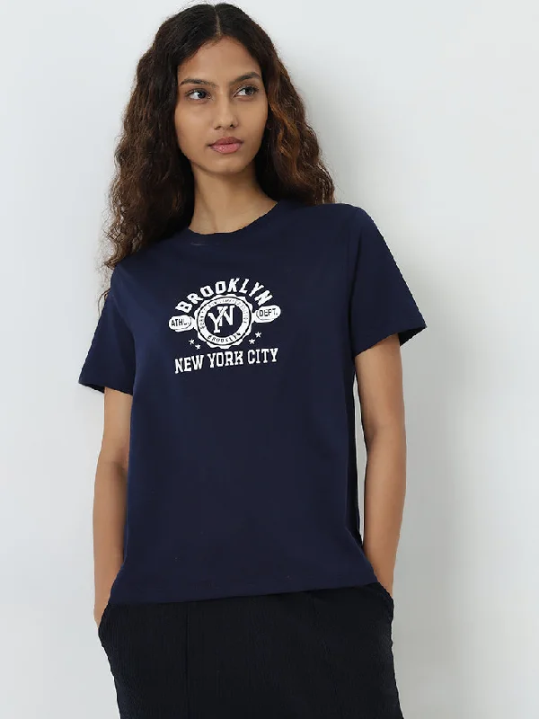 Studiofit Navy Text Printed Cotton T-Shirt